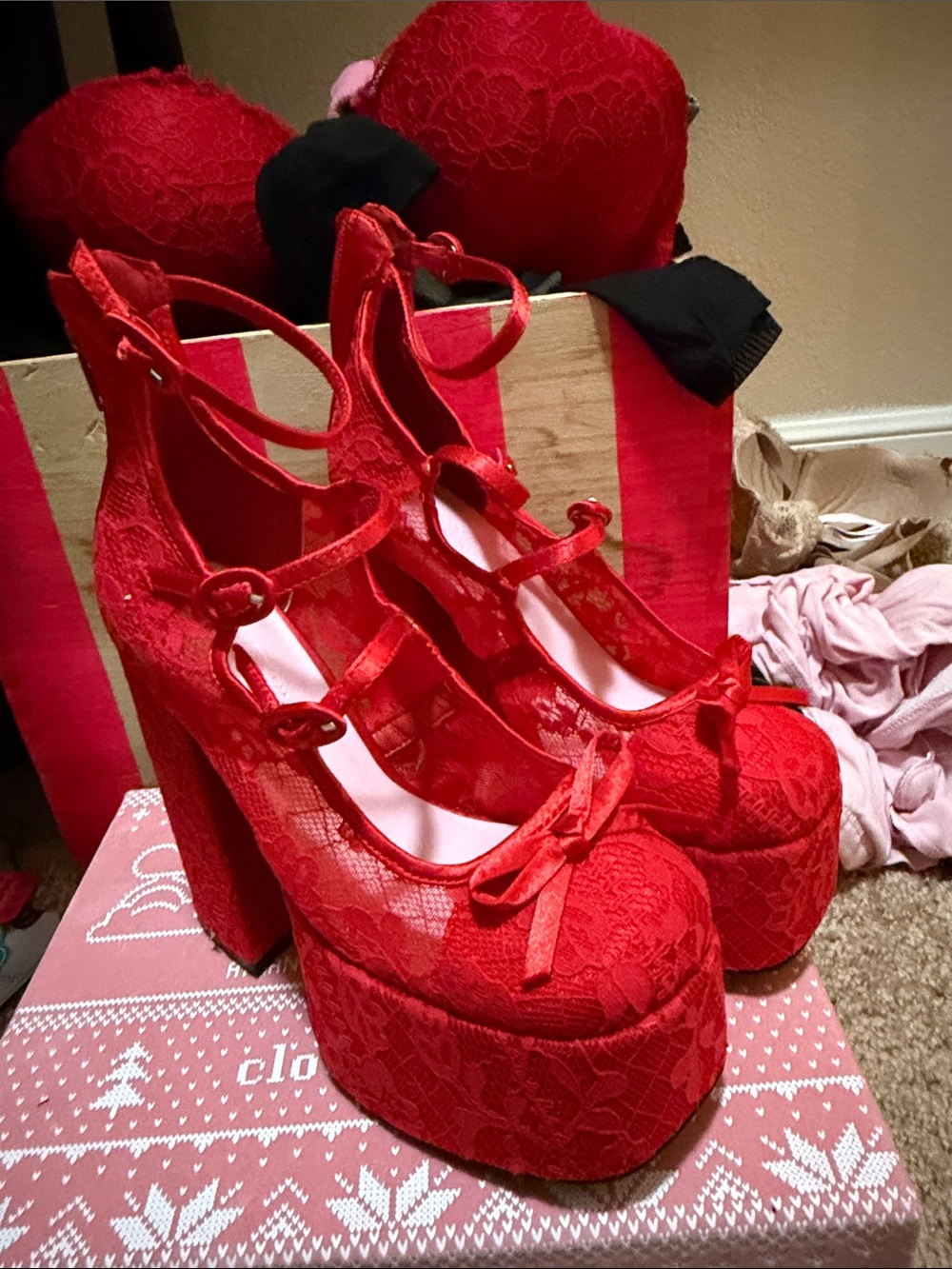 Dollskill Red Lace Platform Mary Jane Heels - Women